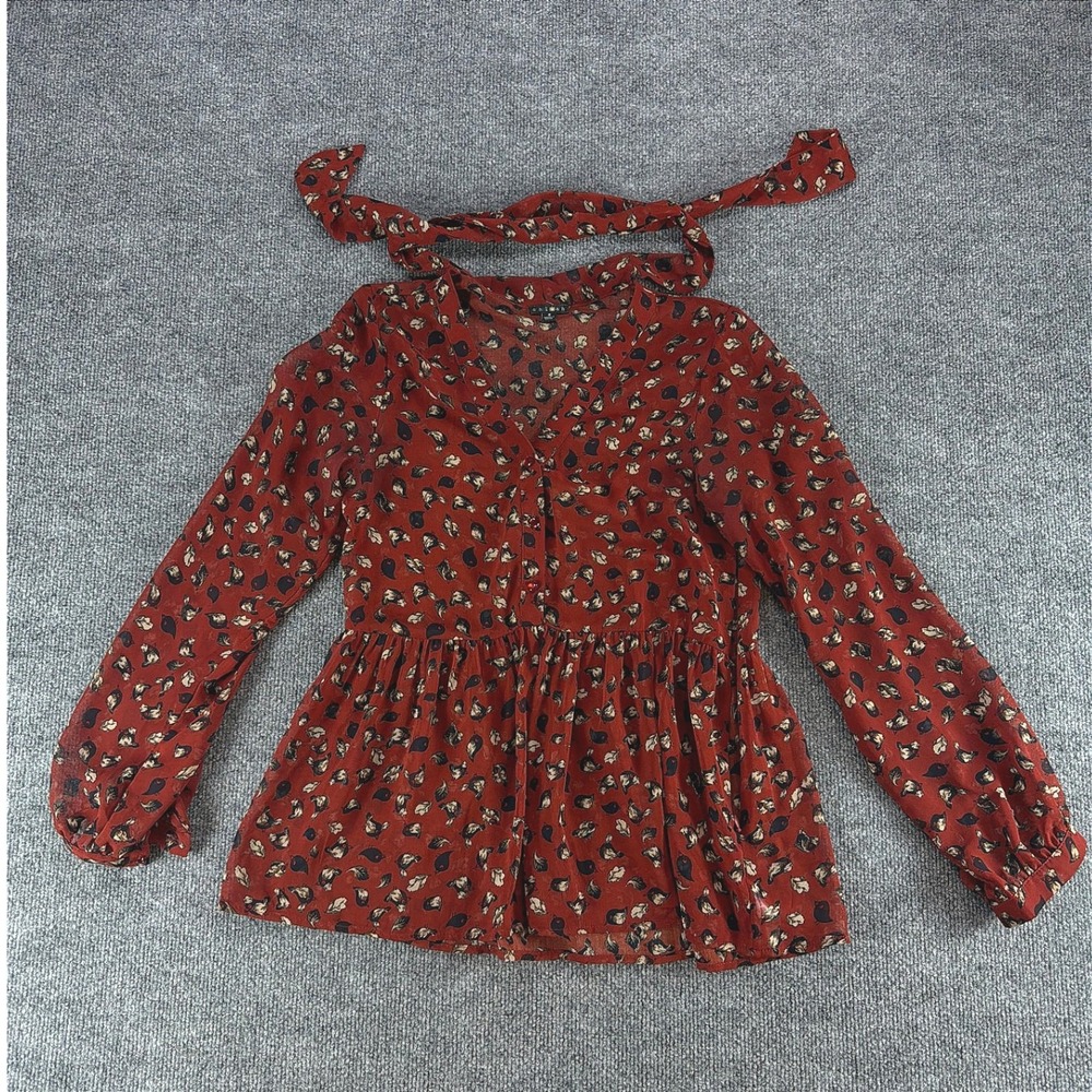 Chloah Rust Red Bird Leaf Print Tie Neck Peplum Blouse Top Small Sheer Boho Chic